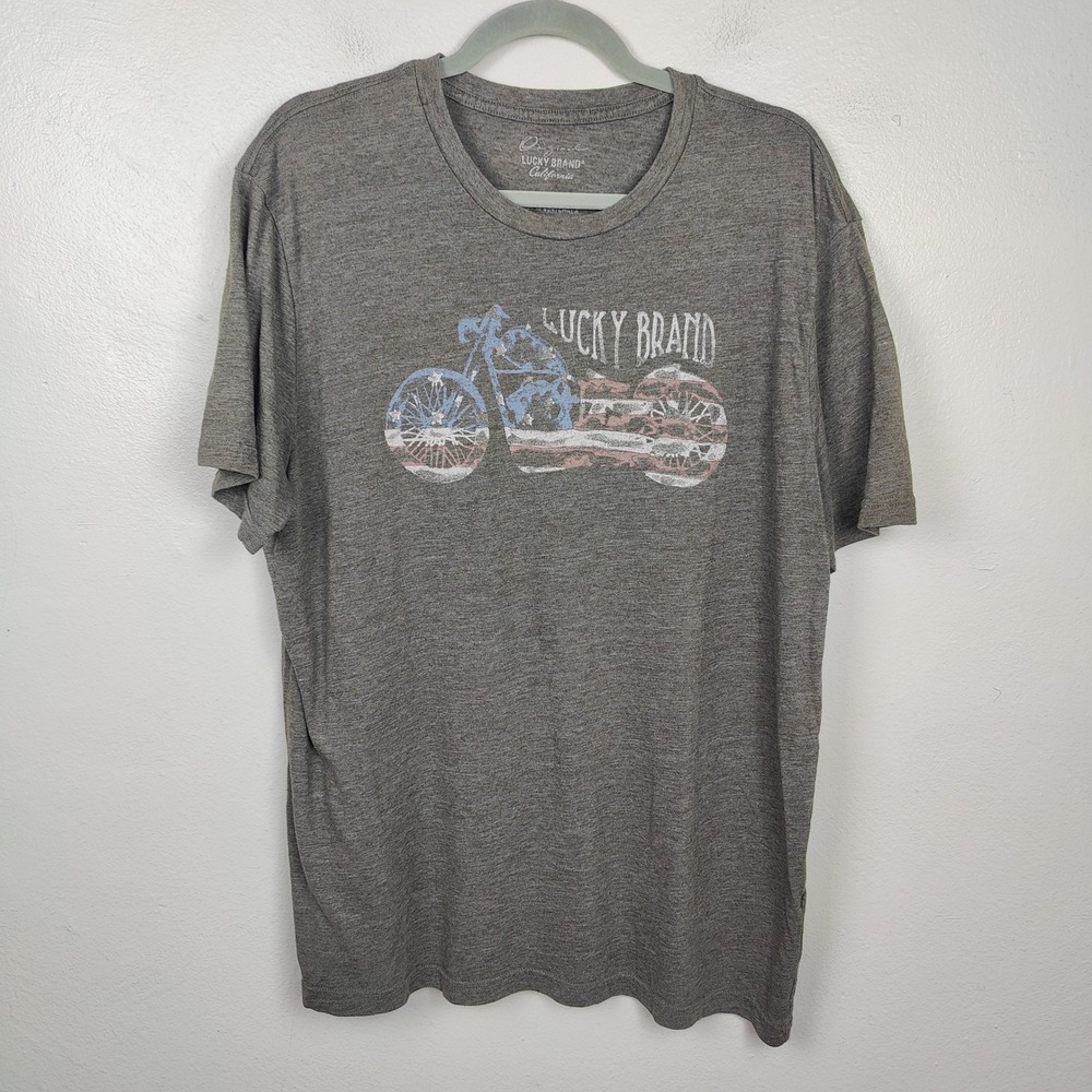 Lucky Brand T-Shirt Mens XL Gray Motorcycle Graphic‎ Crew Neck Short Sleeve Tee